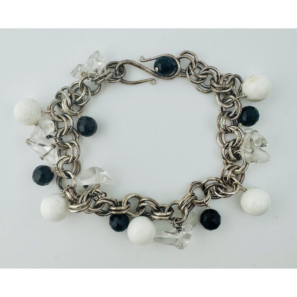Sterling Silver 925 Vintage Charm Bracelet Rock Crystal Milky Quartz 7”